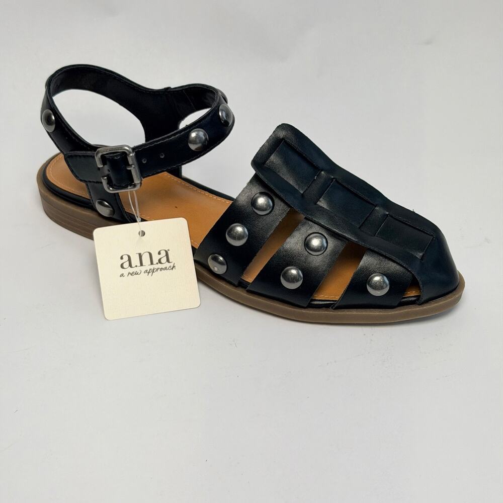 a.n.a Normey Womens Black Studded Fisherman Sandals Buckle Flat Shoes 6M